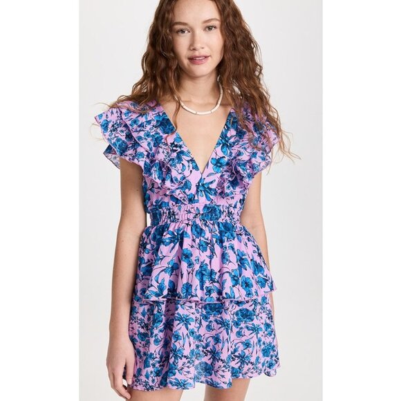 Playa Lucila Ruffle Cotton Mini Dress Lilac Floral Print Size XS - Picture 1 of 5